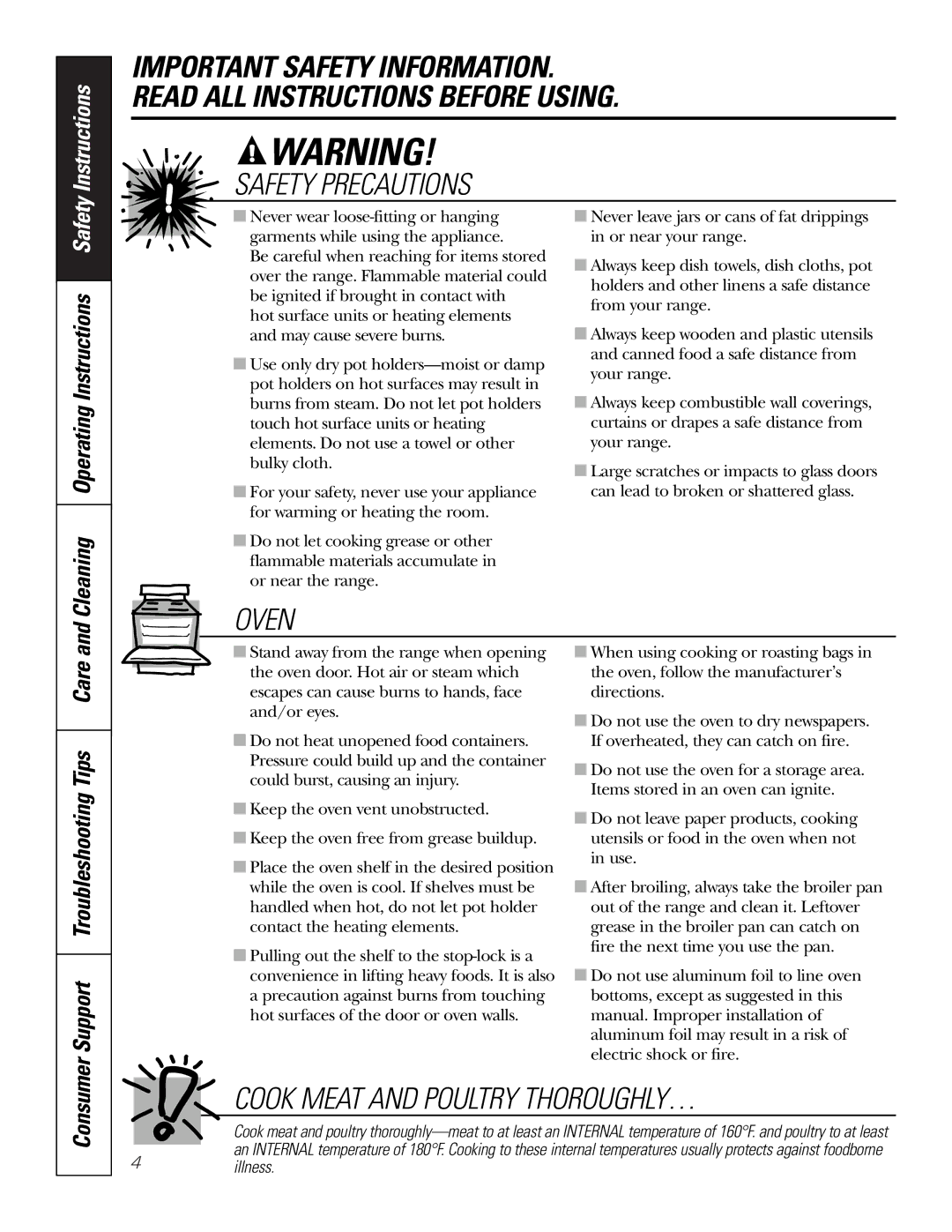 GE JMS08 owner manual Support Troubleshooting Tips Care, Cleaning Operating Instructions Safety 