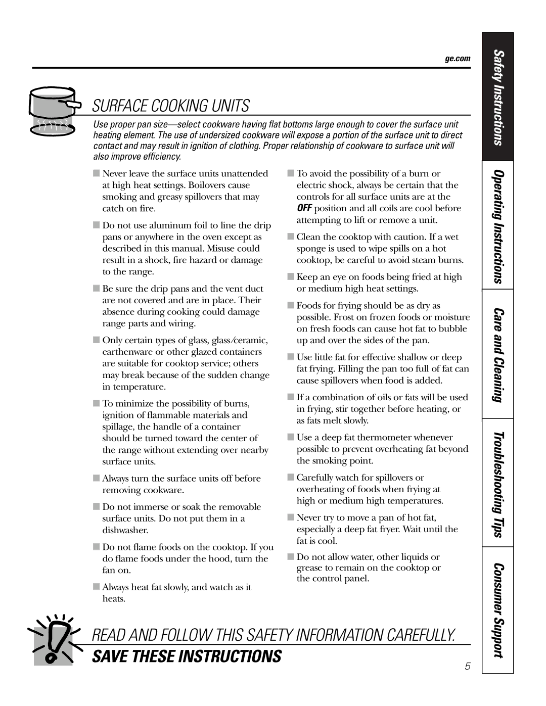 GE JMS08 owner manual Surface Cooking Units, Support 