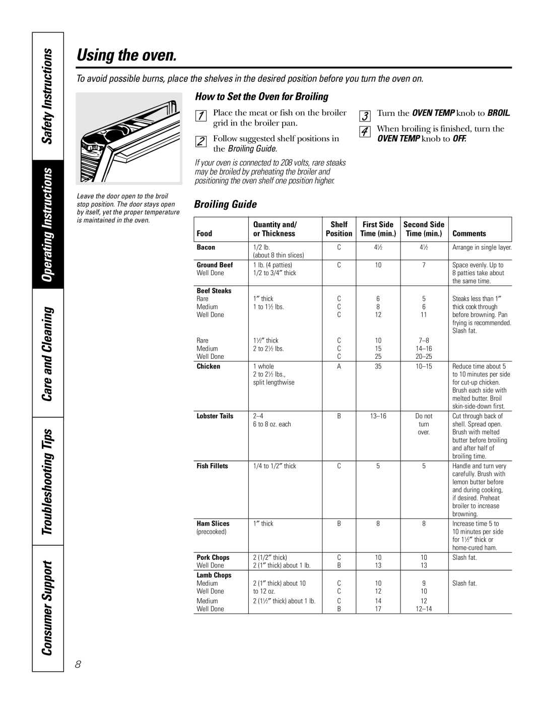 GE JMS08 owner manual How to Set the Oven for Broiling, Broiling Guide 