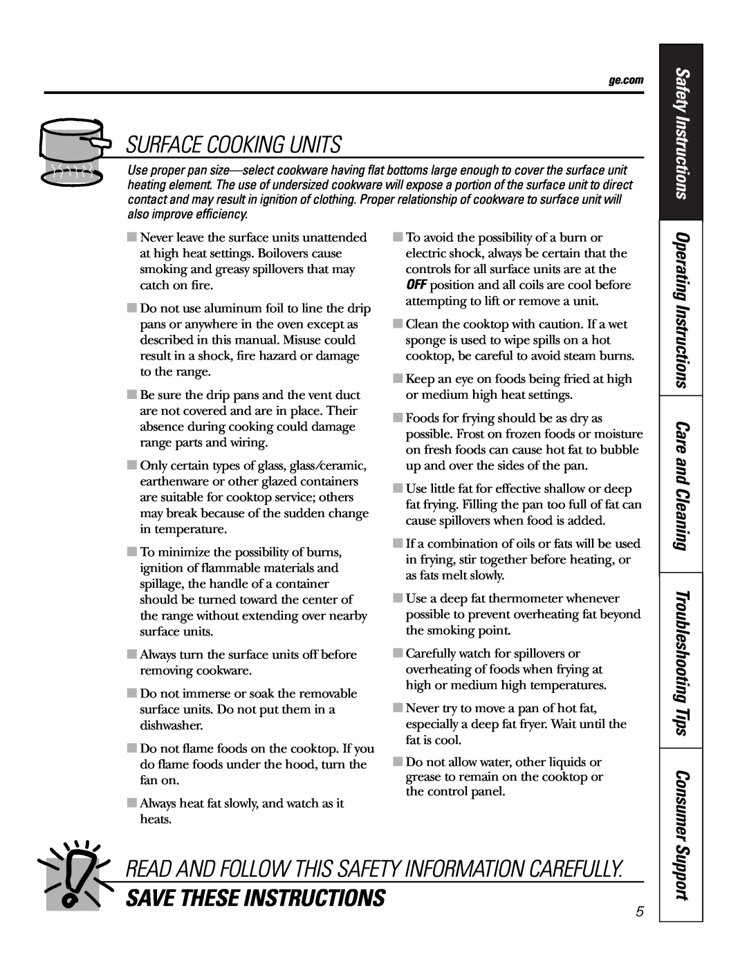 GE JMS08 owner manual Surface Cooking Units, Save These Instructions, Support, Safety Instructions 