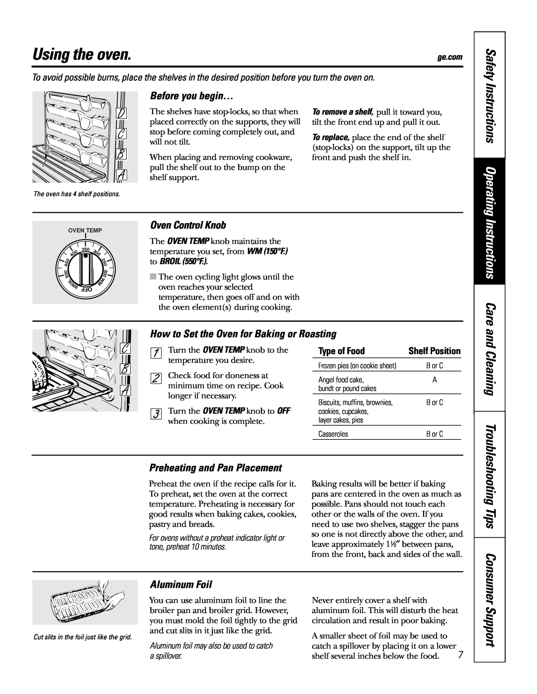 GE JMS08 Using the oven, Safety, Instructions Care and, Instructions Operating, Before you begin…, Oven Control Knob 