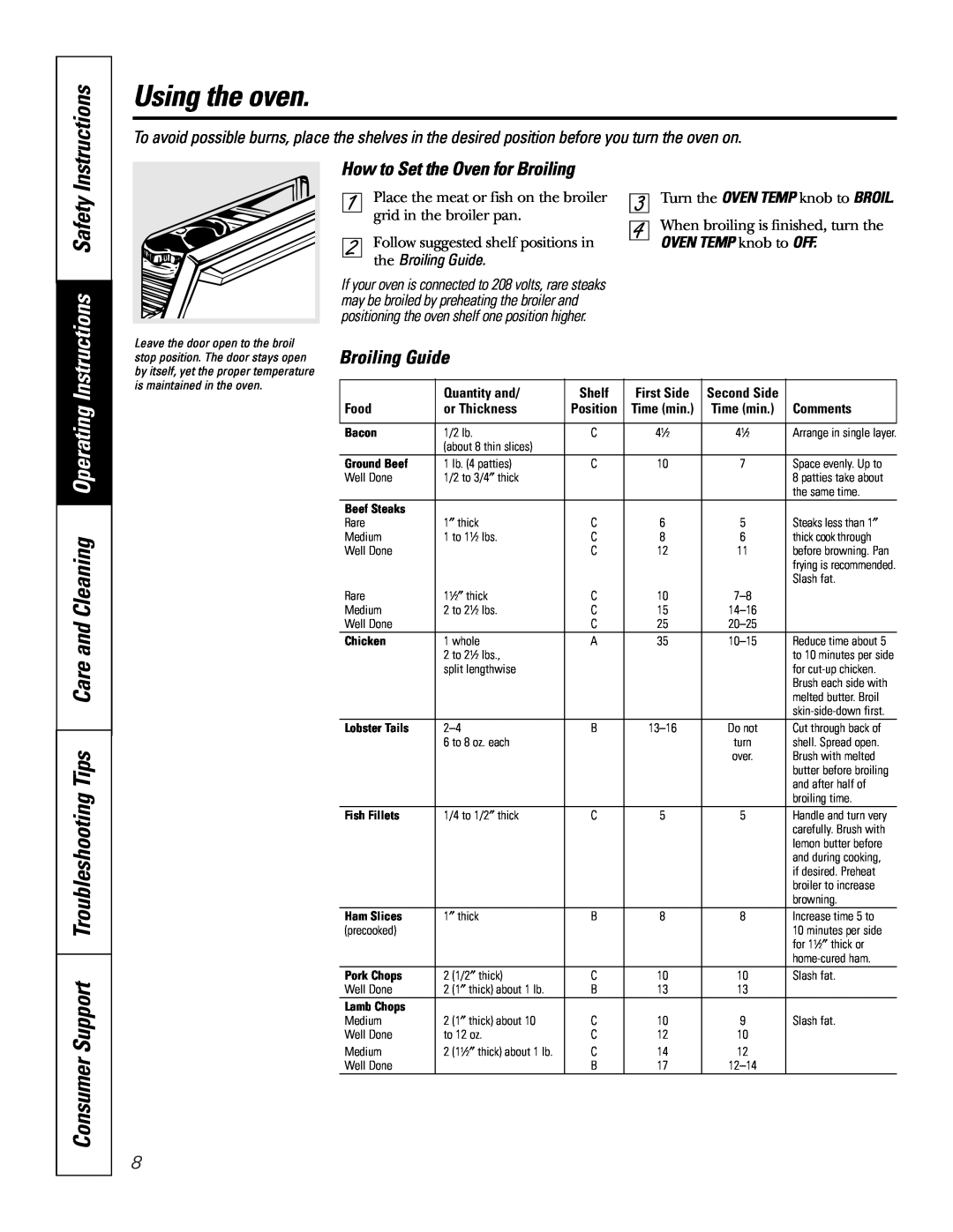 GE JMS08 Consumer Support Troubleshooting Tips Care and Cleaning Operating, How to Set the Oven for Broiling, Instructions 