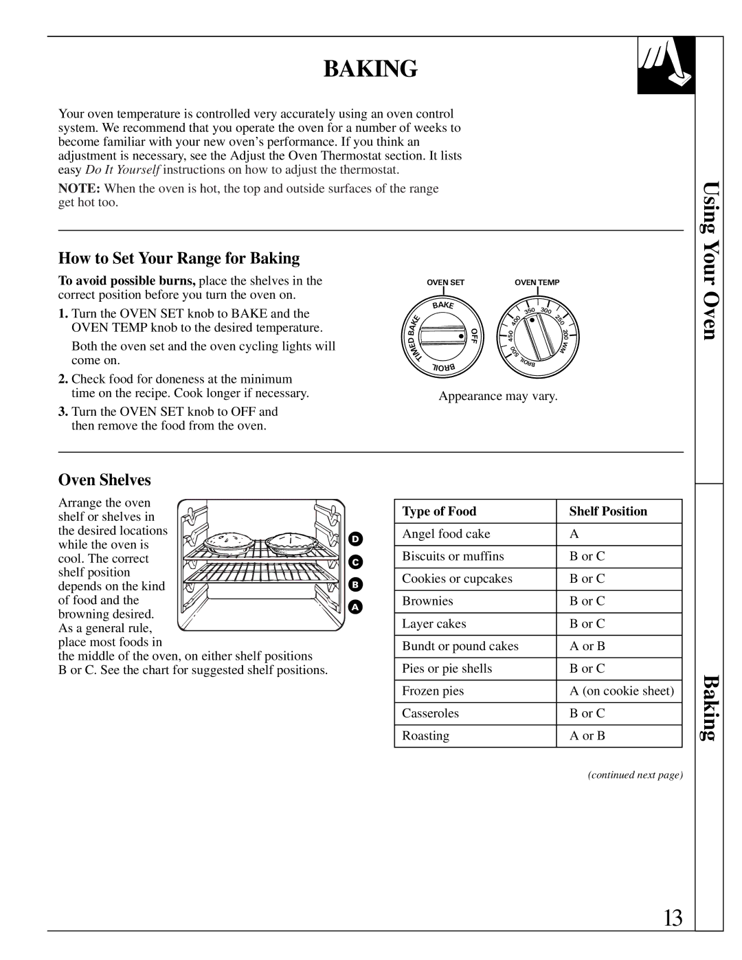 GE JMS10 warranty Using, Your Oven, How to Set Your Range for Baking 