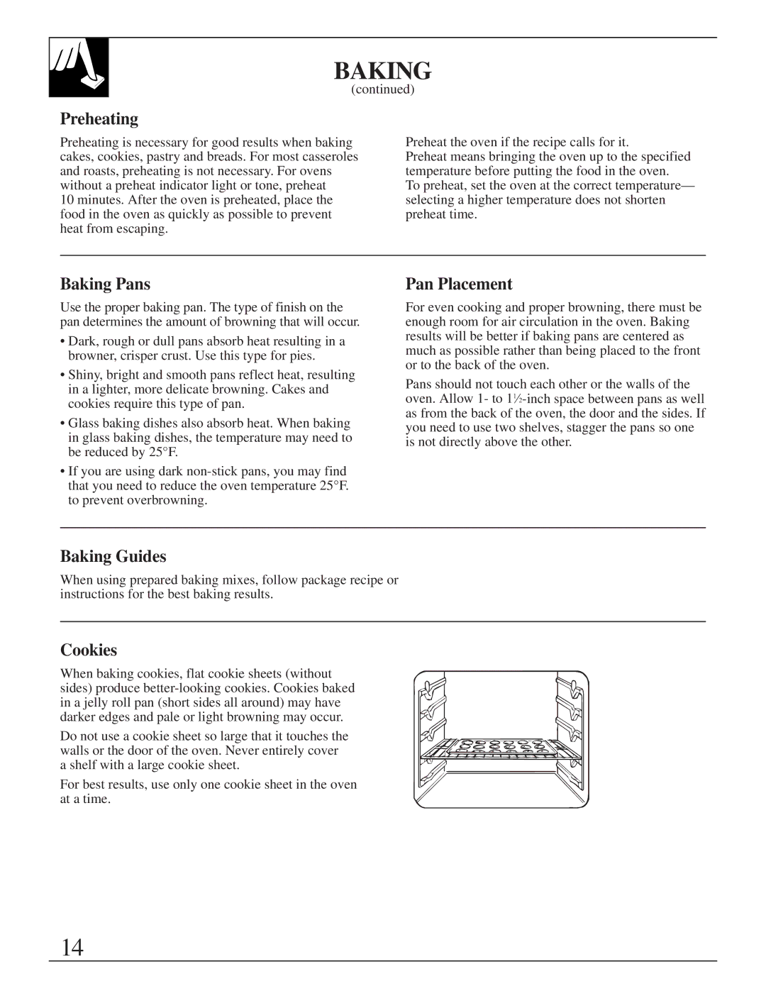 GE JMS10 warranty Preheating, Baking Pans, Pan Placement, Baking Guides, Cookies 