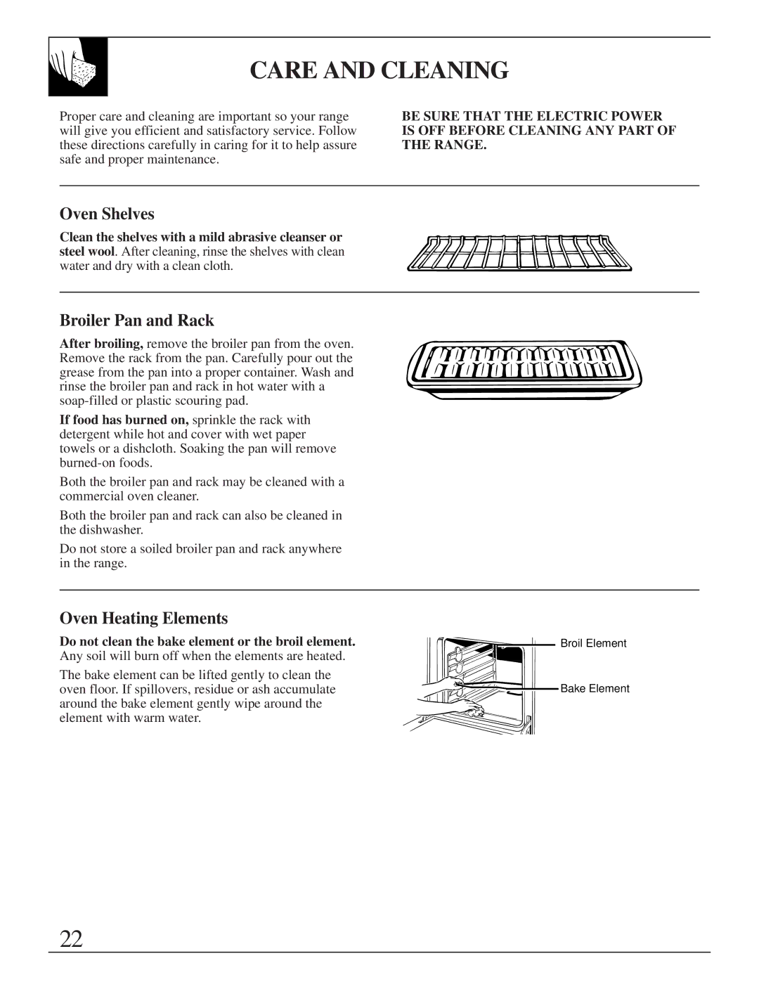 GE JMS10 warranty Care and Cleaning, Broiler Pan and Rack, Oven Heating Elements 