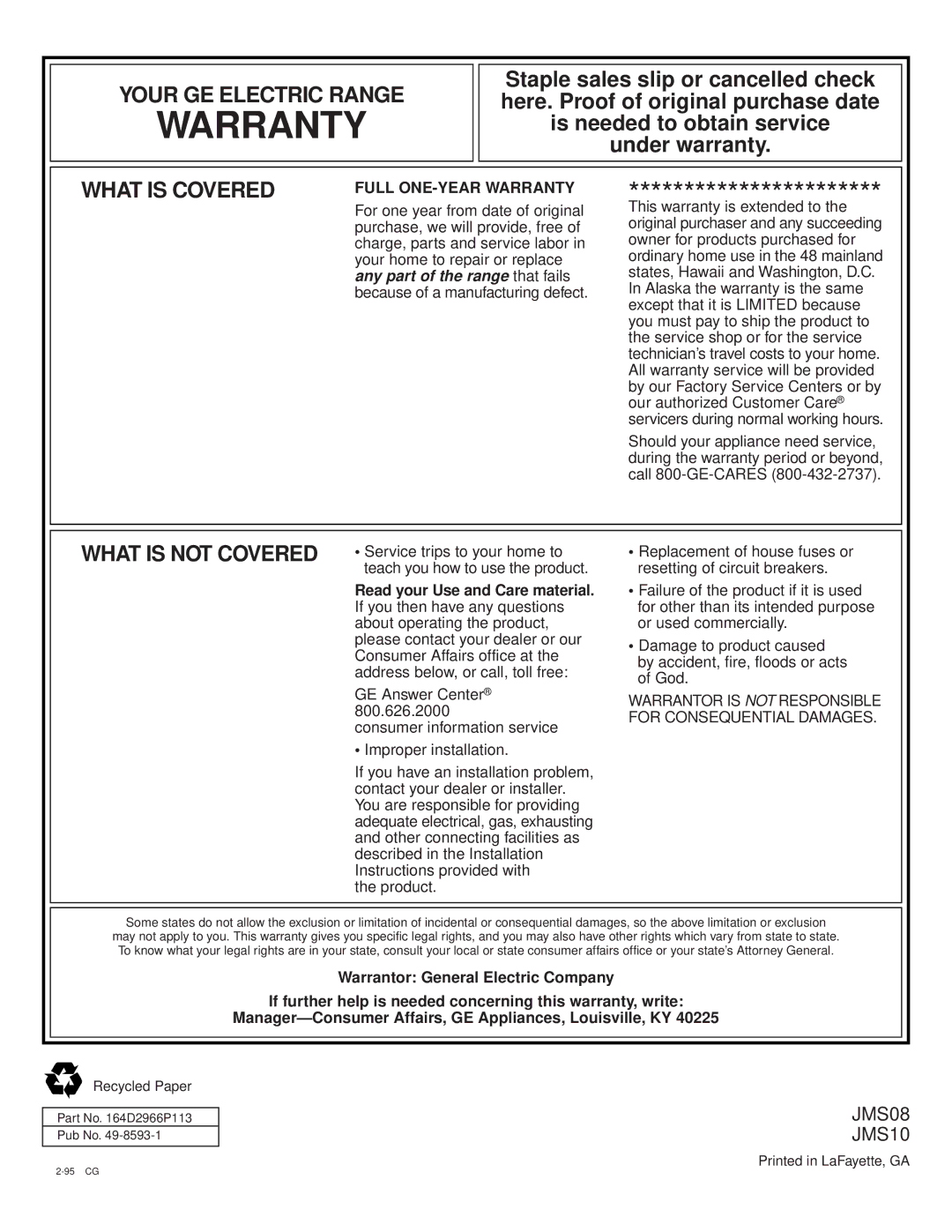 GE JMS10 warranty Warranty 