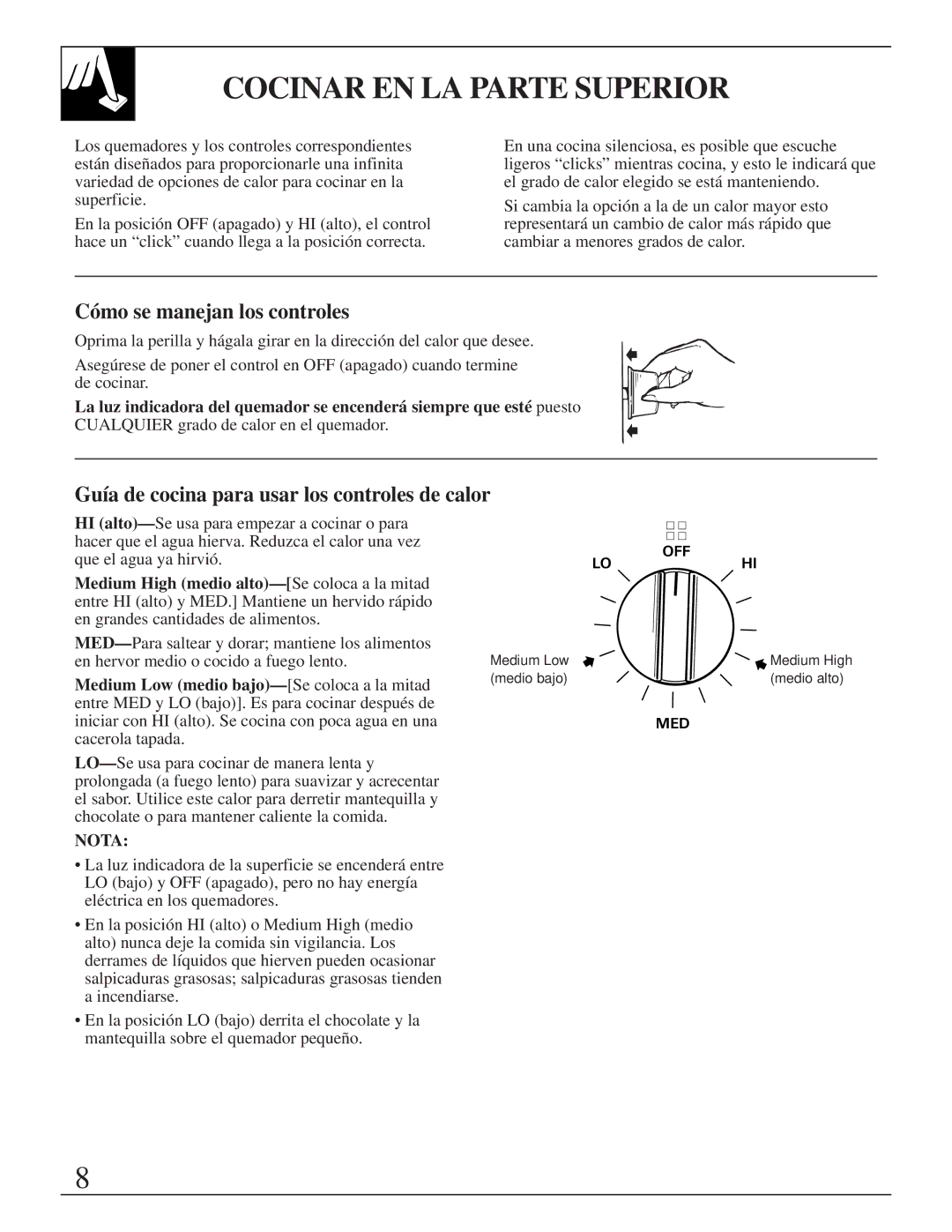 GE JMS10 Cocinar EN LA Parte Superior, Cómo se manejan los controles, Guía de cocina para usar los controles de calor 