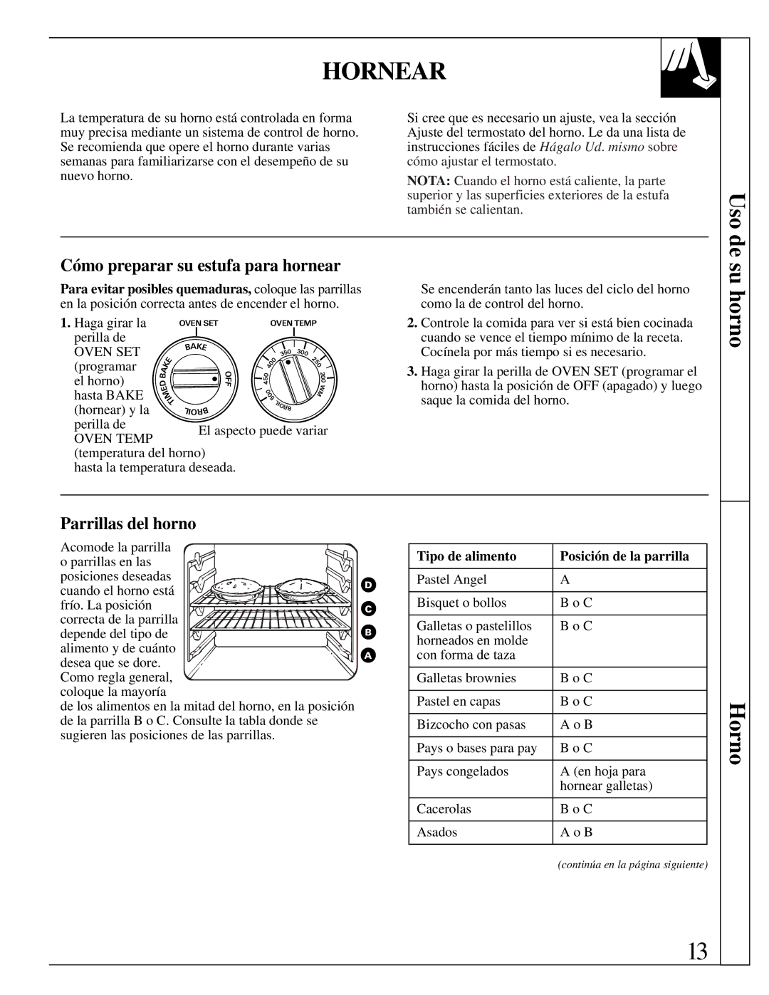 GE JMS10 warranty Hornear, Uso de, Su horno, Horno, Cómo preparar su estufa para hornear 