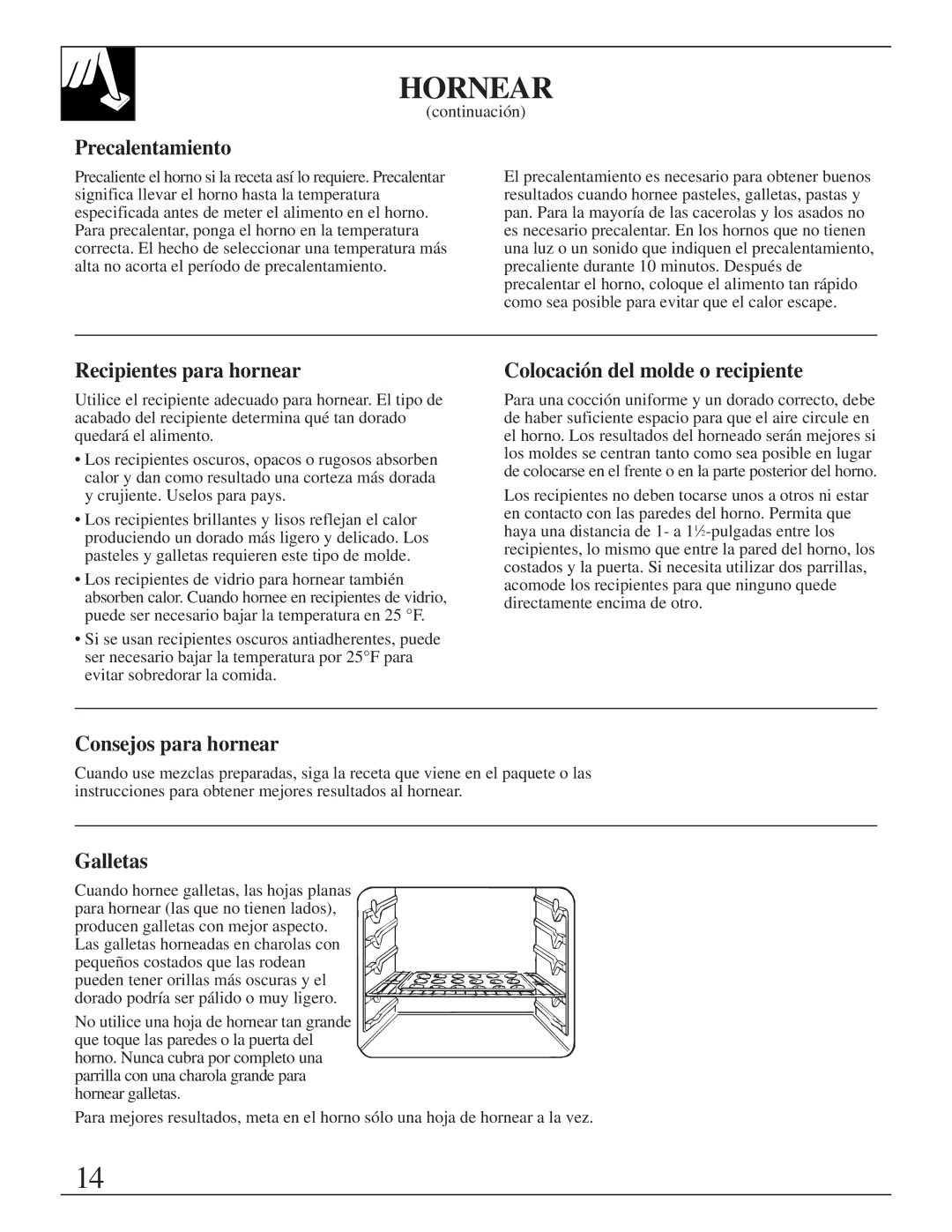 GE JMS10 Precalentamiento, Recipientes para hornear, Colocación del molde o recipiente, Consejos para hornear, Galletas 