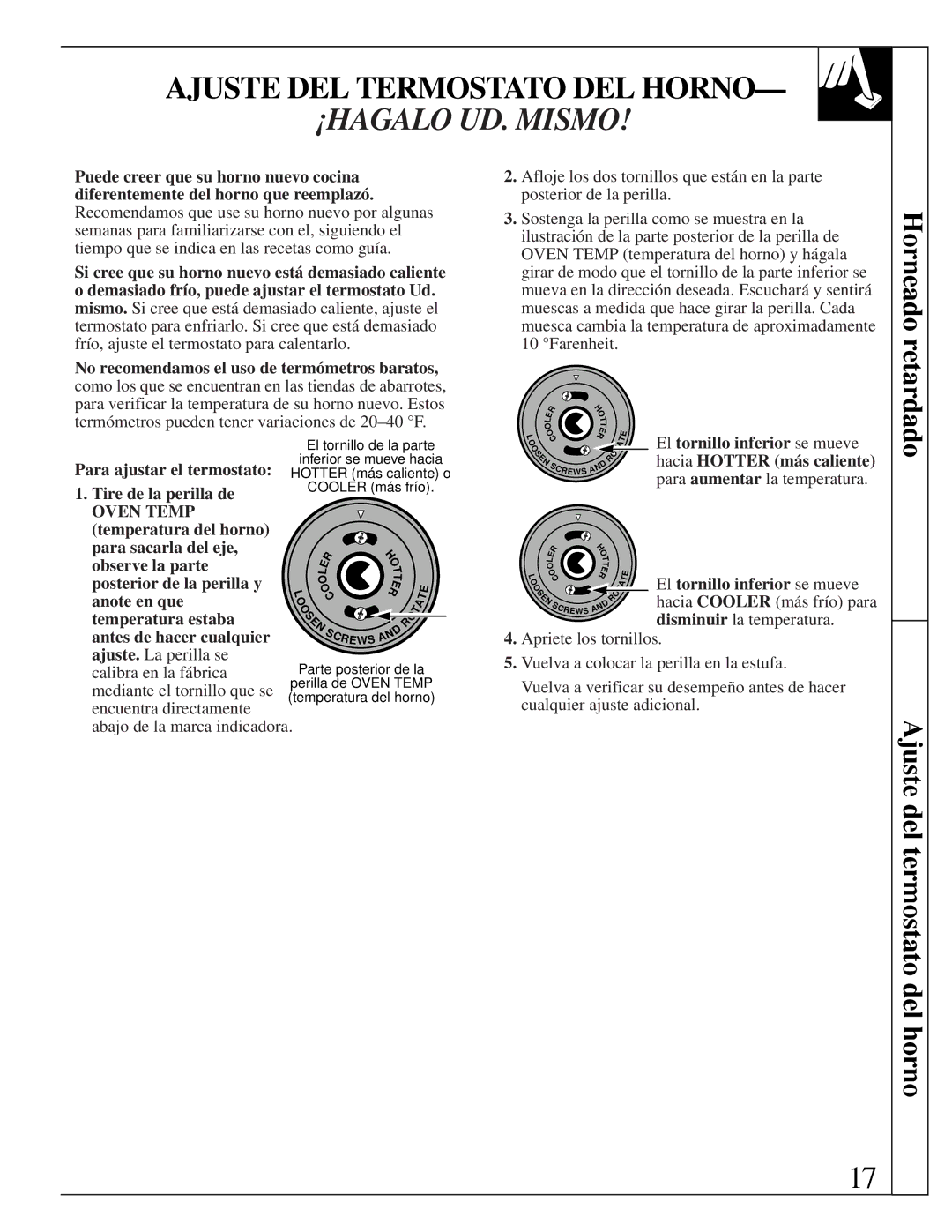 GE JMS10 warranty Ajuste DEL Termostato DEL Horno, Horneado, Retardado, Ajuste del termostato del horno, Oven Temp 