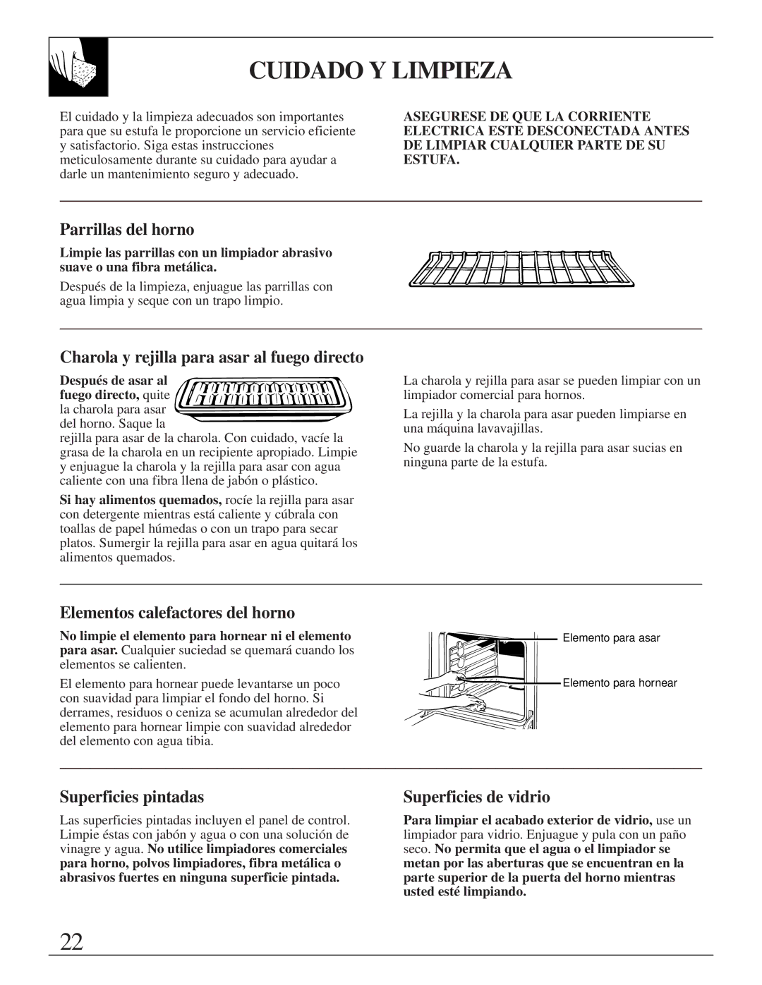 GE JMS10 warranty Cuidado Y Limpieza, Charola y rejilla para asar al fuego directo, Elementos calefactores del horno 