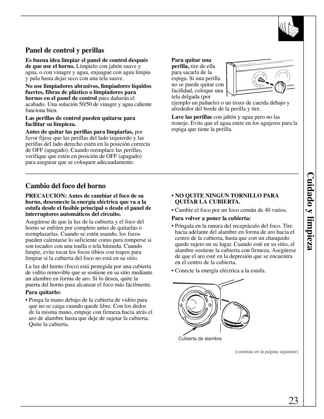 GE JMS10 warranty Cuidado y limpieza, Panel de control y perillas, Cambio del foco del horno 