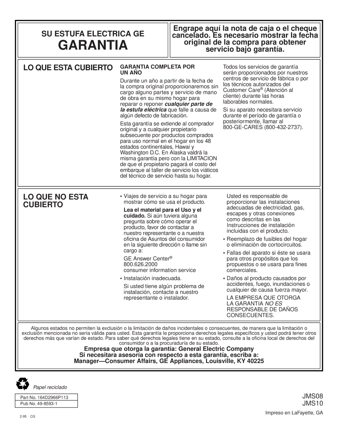 GE JMS10 warranty Garantia 