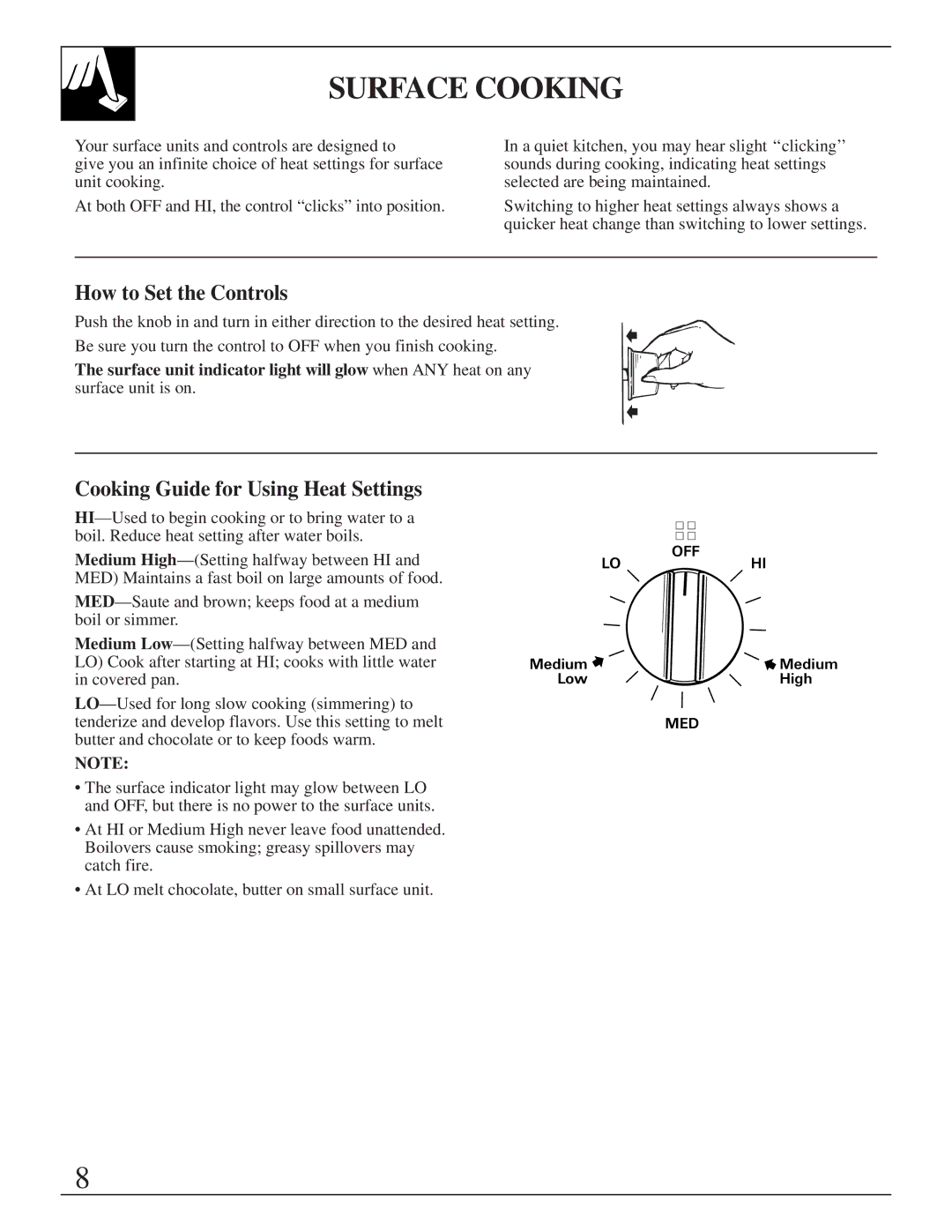 GE JMS10 warranty Surface Cooking, How to Set the Controls, Cooking Guide for Using Heat Settings 