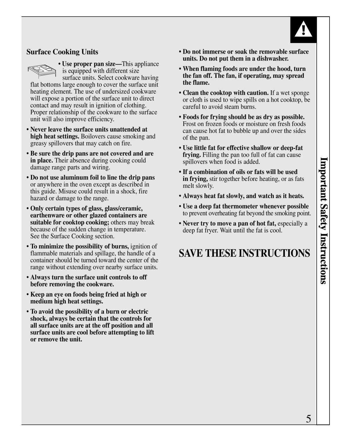 GE JMS10 warranty Save These Instructions, Surface Cooking Units, Important Safety Instructions 