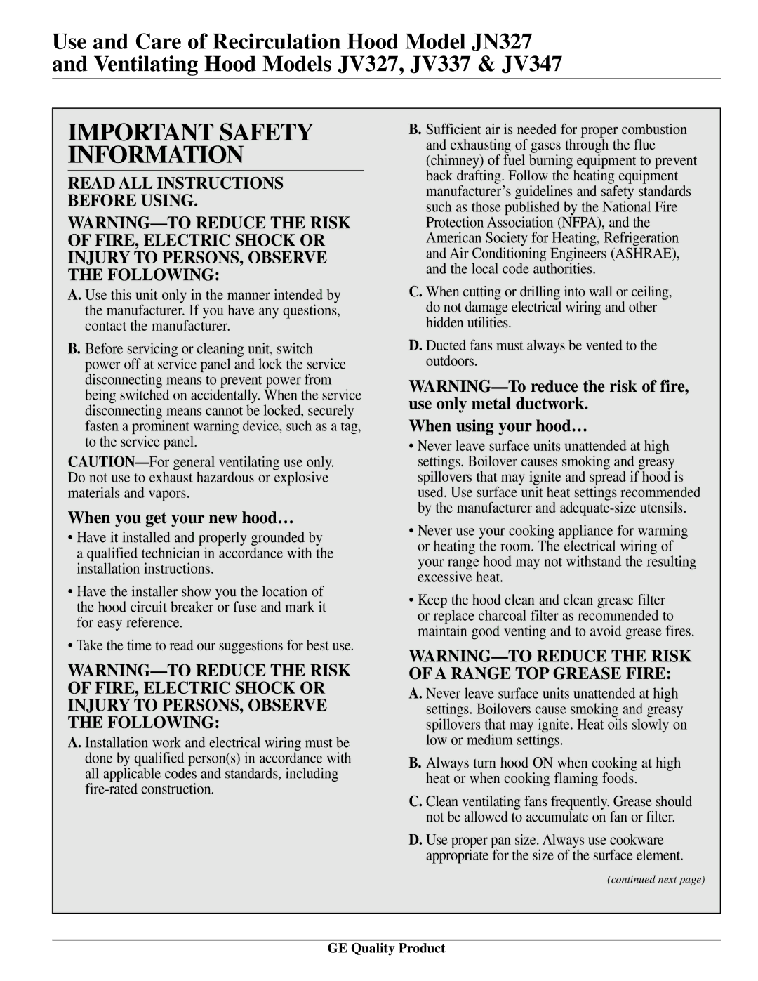 GE JN327, JV327, JV337, JV347 installation instructions When you get your new hood…, When using your hood… 