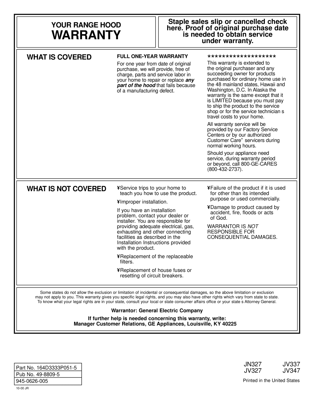 GE JN327, JV327, JV337, JV347 installation instructions Warranty 