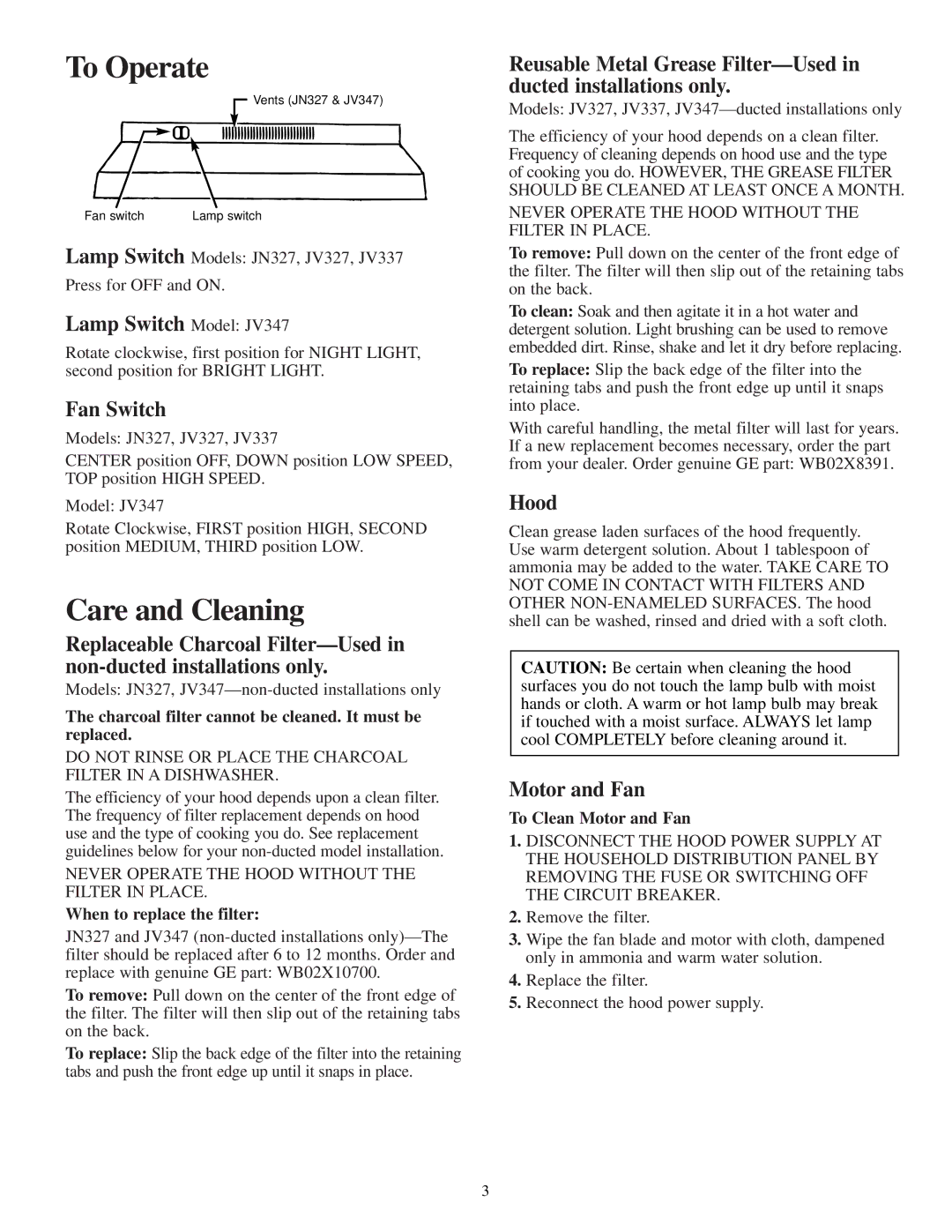 GE JN327, JV327, JV337, JV347 installation instructions To Operate, Care and Cleaning 