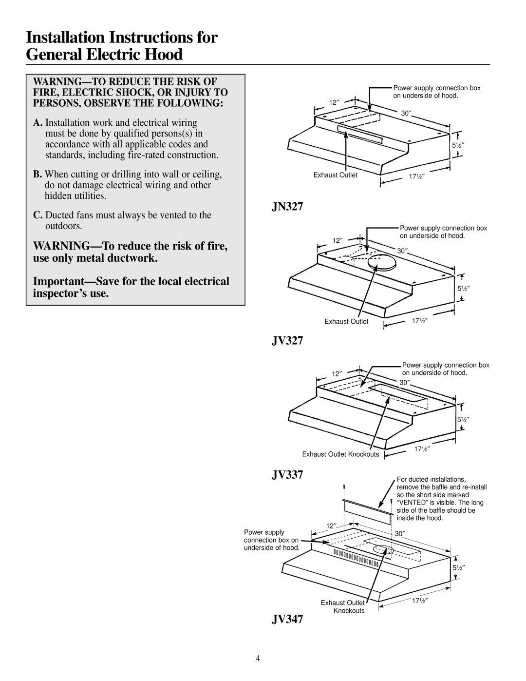 GE JN327, JV327, JV337, JV347 installation instructions Important-Save for the local electrical inspector’s use 