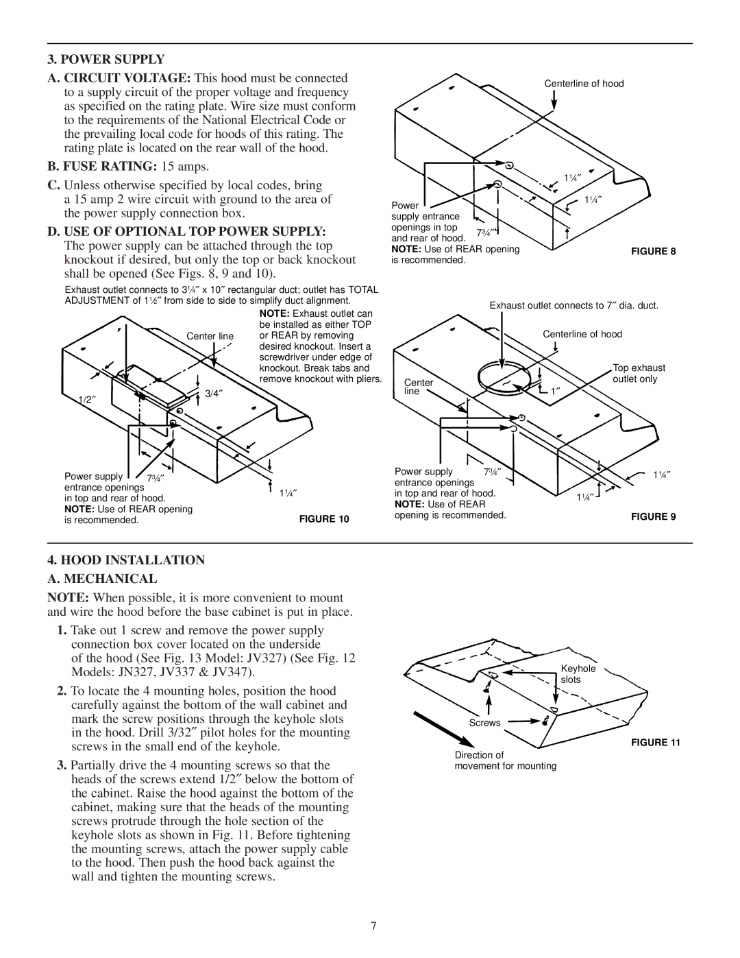 GE JN327, JV327, JV337, JV347 installation instructions Power Supply, Fuse Rating 15 amps 