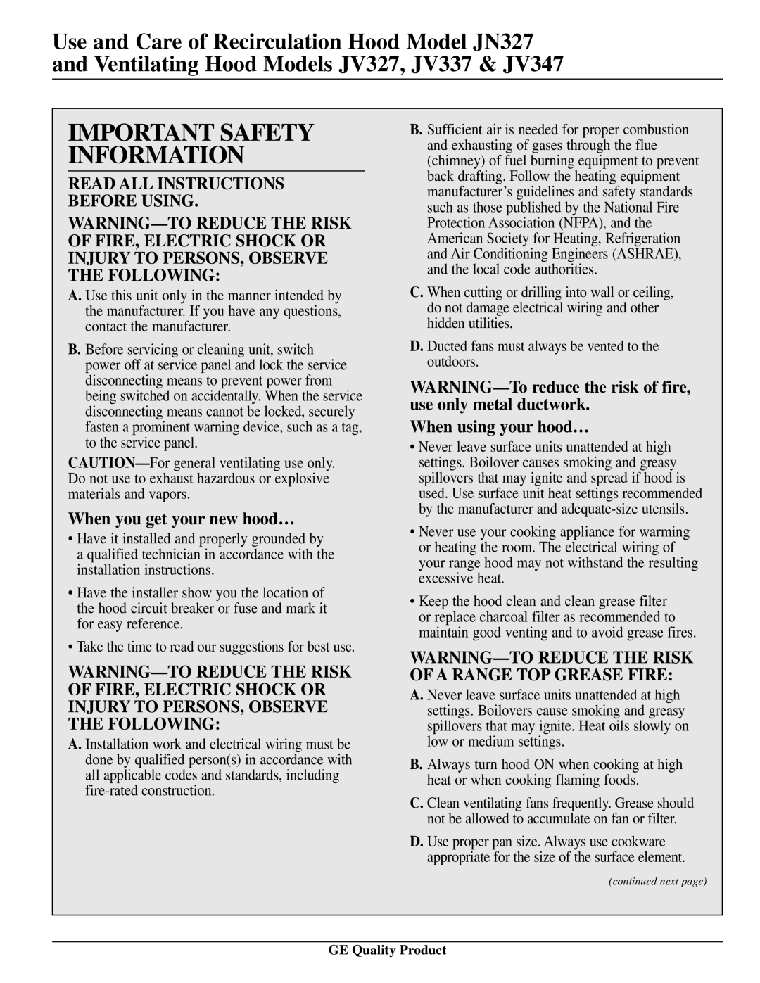 GE JN327, JV327, JV337, JV347 installation instructions Important Safety Information, When you get your new hood… 