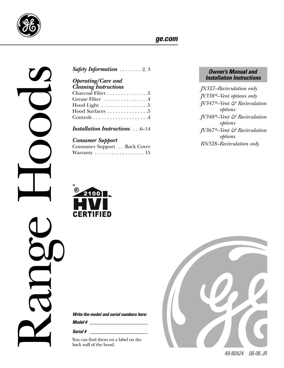 GE JV367*, JN327, JV338*, JV348*, JV347*, RN328 installation instructions Range Hoods 