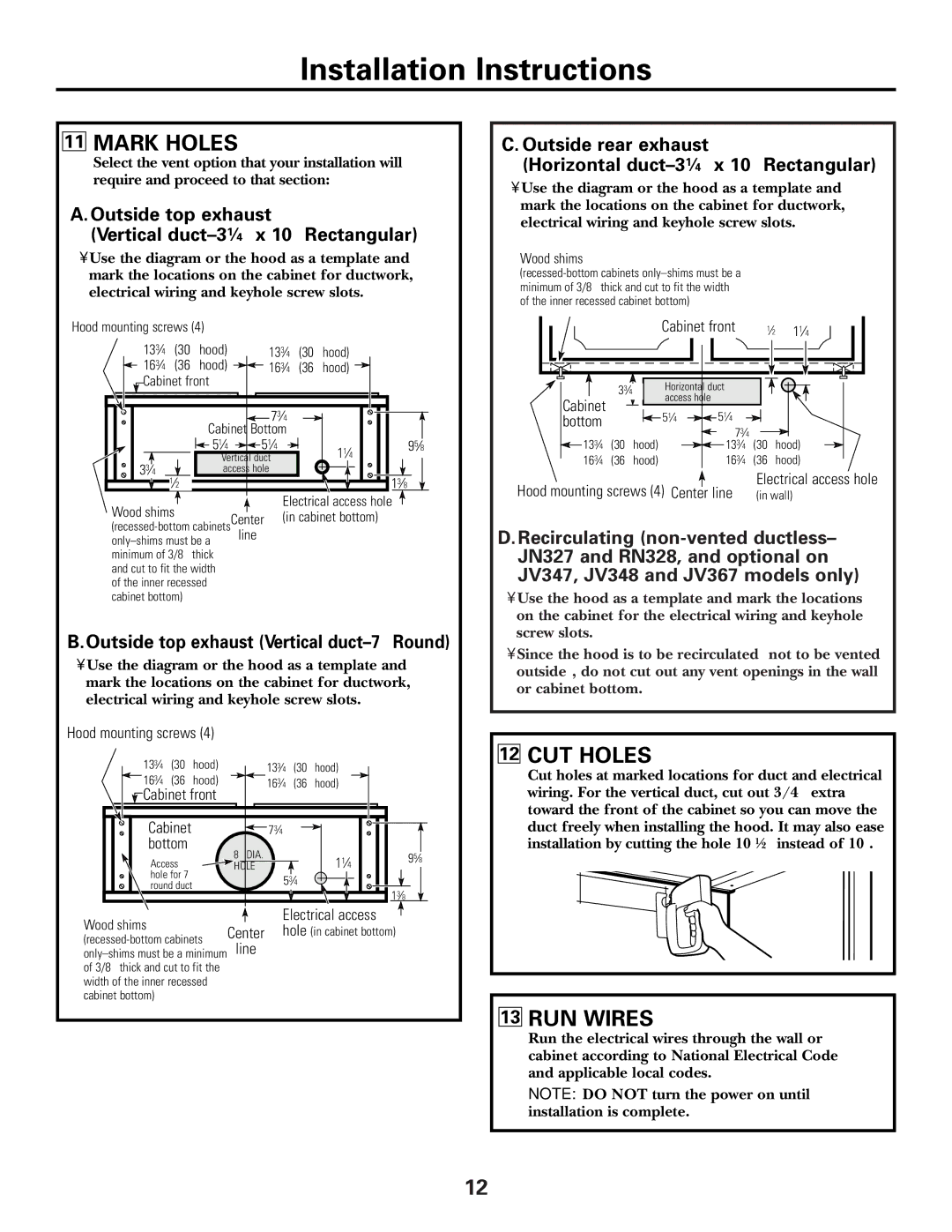 GE JN327, JV367*, JV338*, JV348*, JV347*, RN328 installation instructions Mark Holes, CUT Holes, RUN Wires 