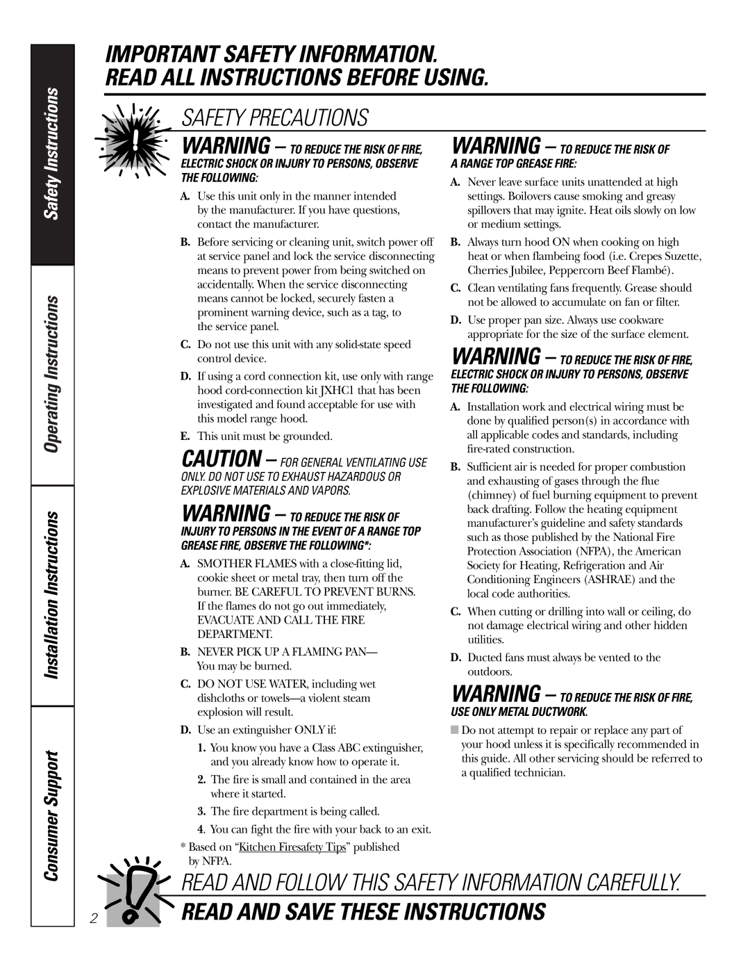 GE JV338*, JN327, JV367*, JV348*, JV347*, RN328 installation instructions Safety Precautions 