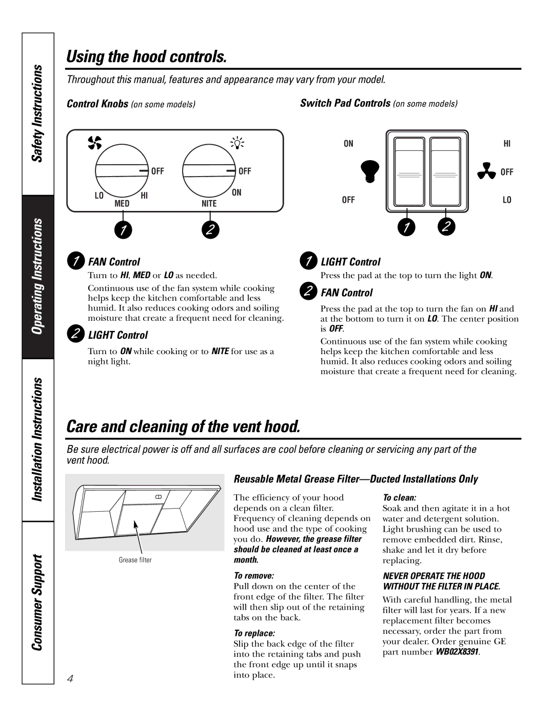 GE JV347*, JN327, JV367*, JV338*, JV348*, RN328 installation instructions Using the hood controls 