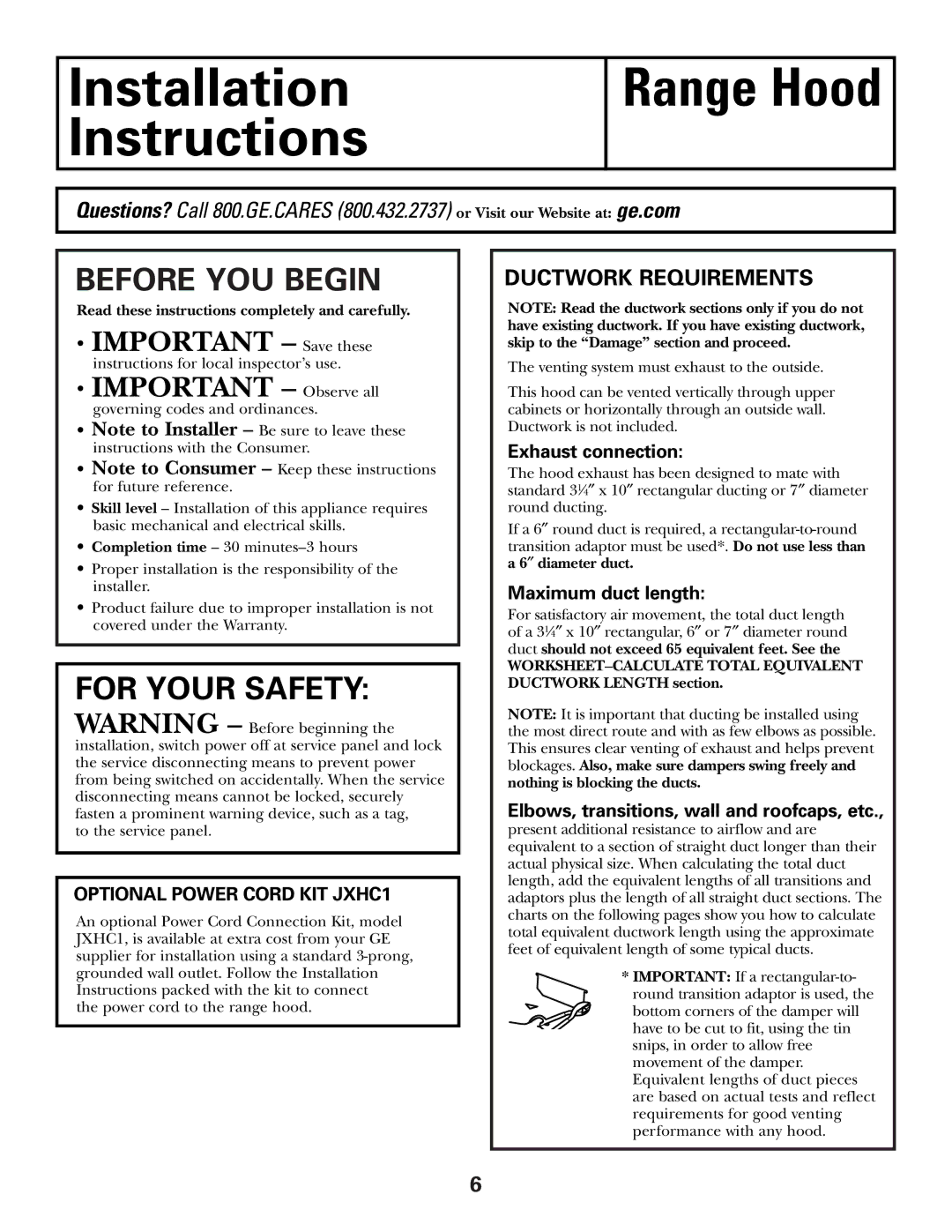 GE JN327 Ductwork Requirements, Exhaust connection, Maximum duct length, Elbows, transitions, wall and roofcaps, etc 