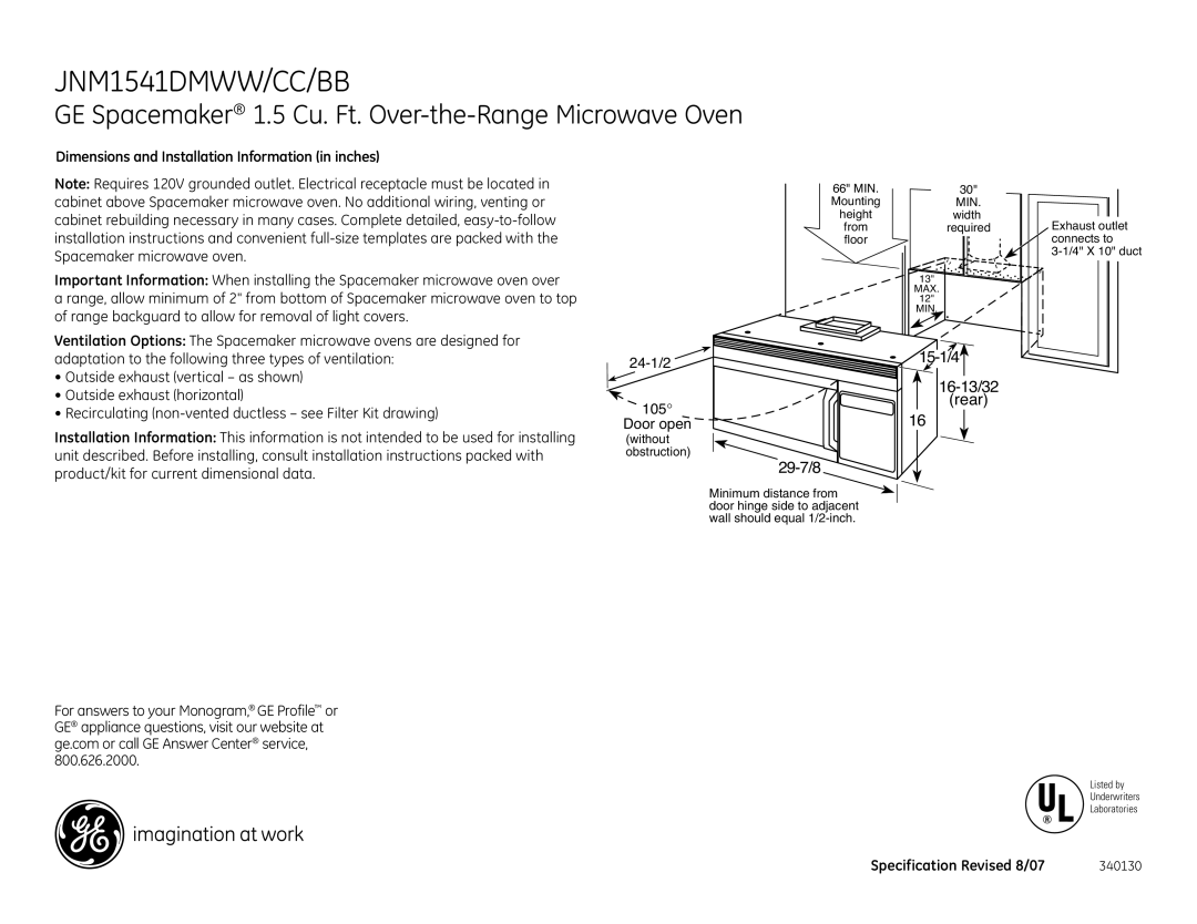 GE installation instructions JNM1541DMWW/CC/BB, GE Spacemaker 1.5 Cu. Ft. Over-the-Range Microwave Oven, 29-7/8 