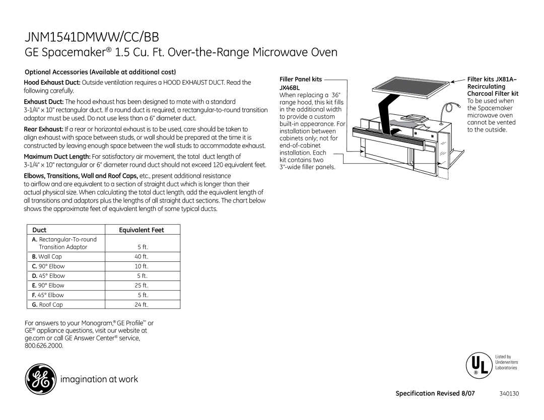 GE JNM1541DMWW Optional Accessories Available at additional cost, Filler Panel kits, JX46BL, Duct Equivalent Feet 