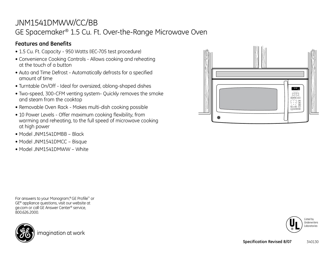 GE JNM1541DMWW installation instructions Features and Benefits 