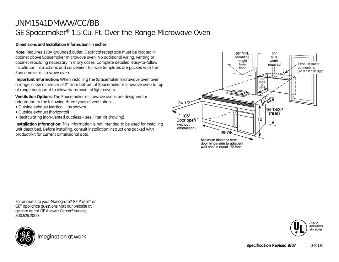 GE installation instructions JNM1541DMWW/CC/BB, 29-7/8, 15-1/4 16-13/32 rear, Specification Revised 8/07 