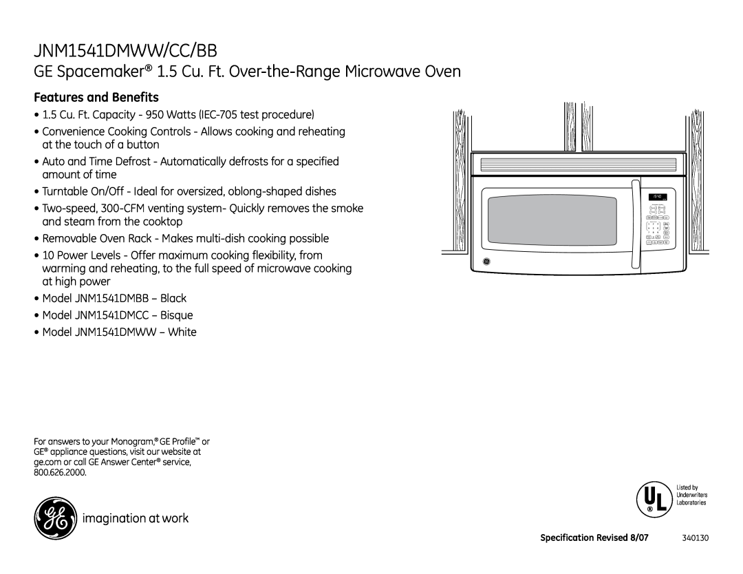 GE installation instructions JNM1541DMWW/CC/BB, Features and Benefits 