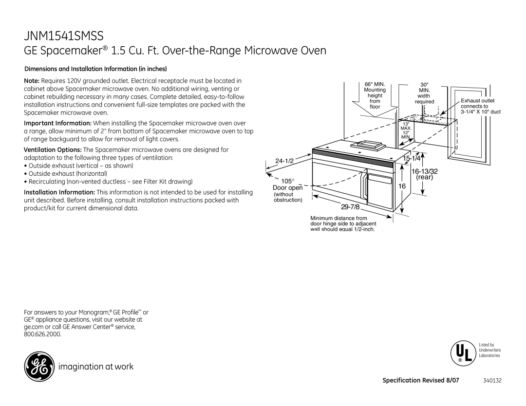 GE JNM1541SMSS installation instructions 29-7/8, 15-1/4 16-13/32 Rear, Dimensions and Installation Information in inches 