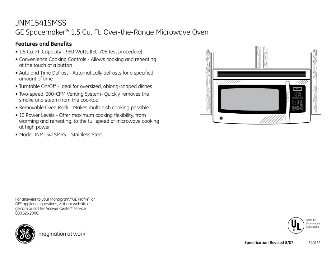 GE JNM1541SMSS installation instructions Features and Benefits 