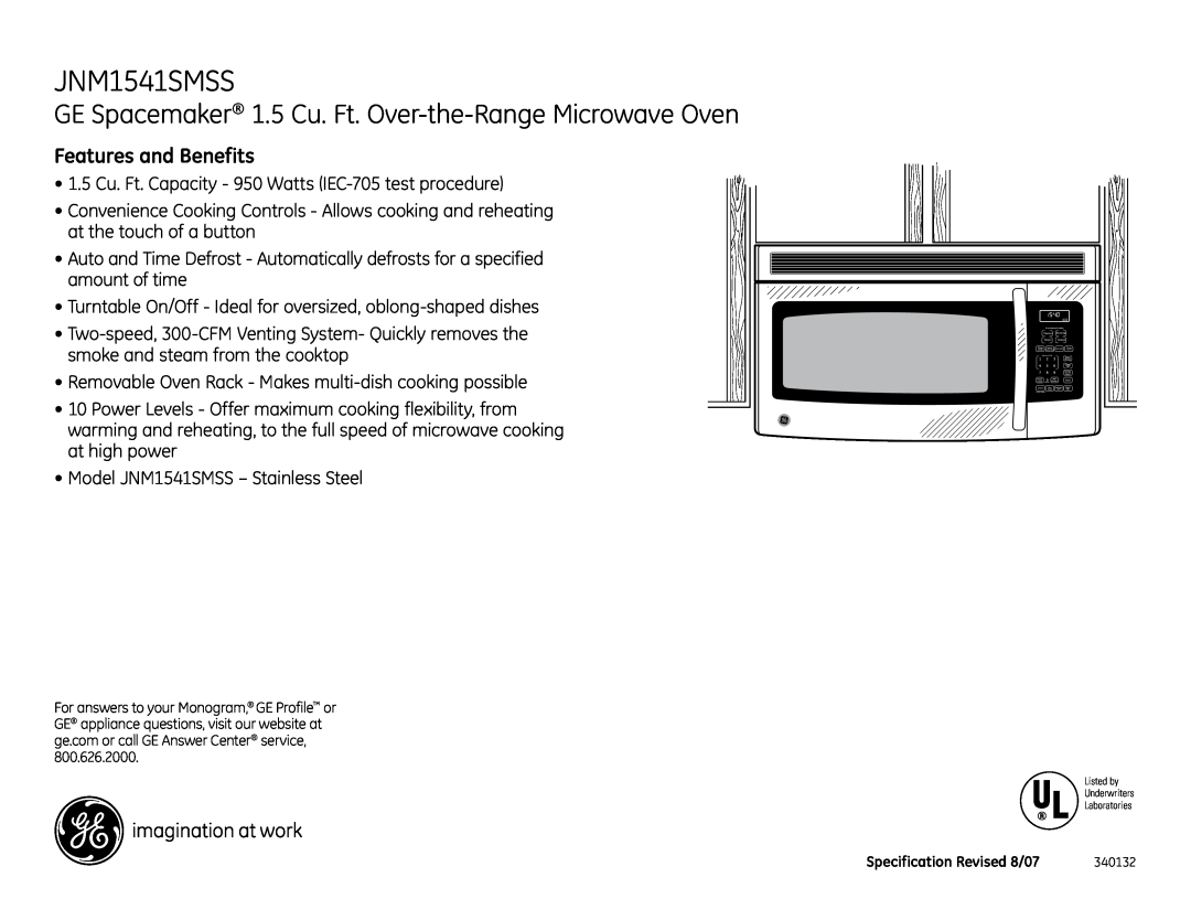 GE JNM1541SMSS installation instructions GE Spacemaker 1.5 Cu. Ft. Over-the-Range Microwave Oven, Features and Benefits 