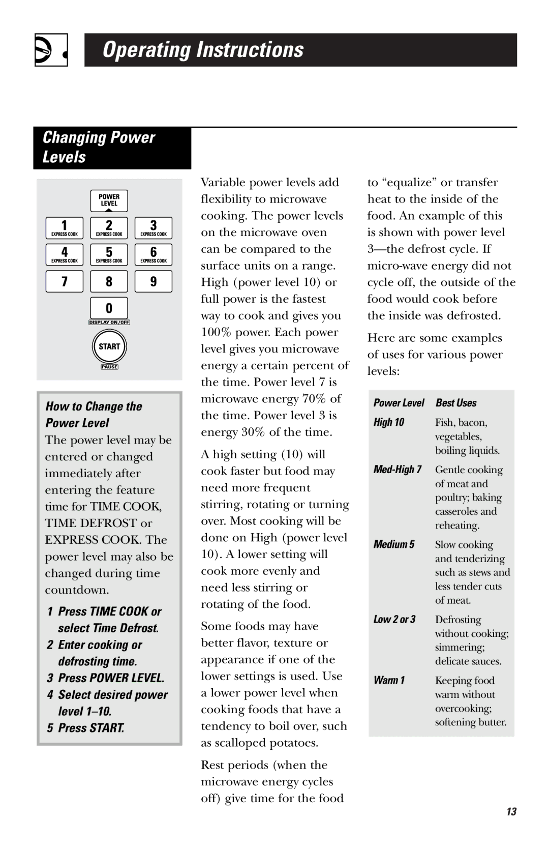 GE JVM1740 Changing Power Levels, How to Change Power Level, Press Power Level Select desired power level Press Start 