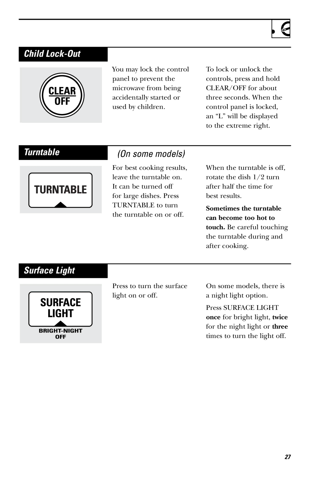 GE JNM1731, JVM1740, JVM1730 owner manual Child Lock-Out, Surface Light 