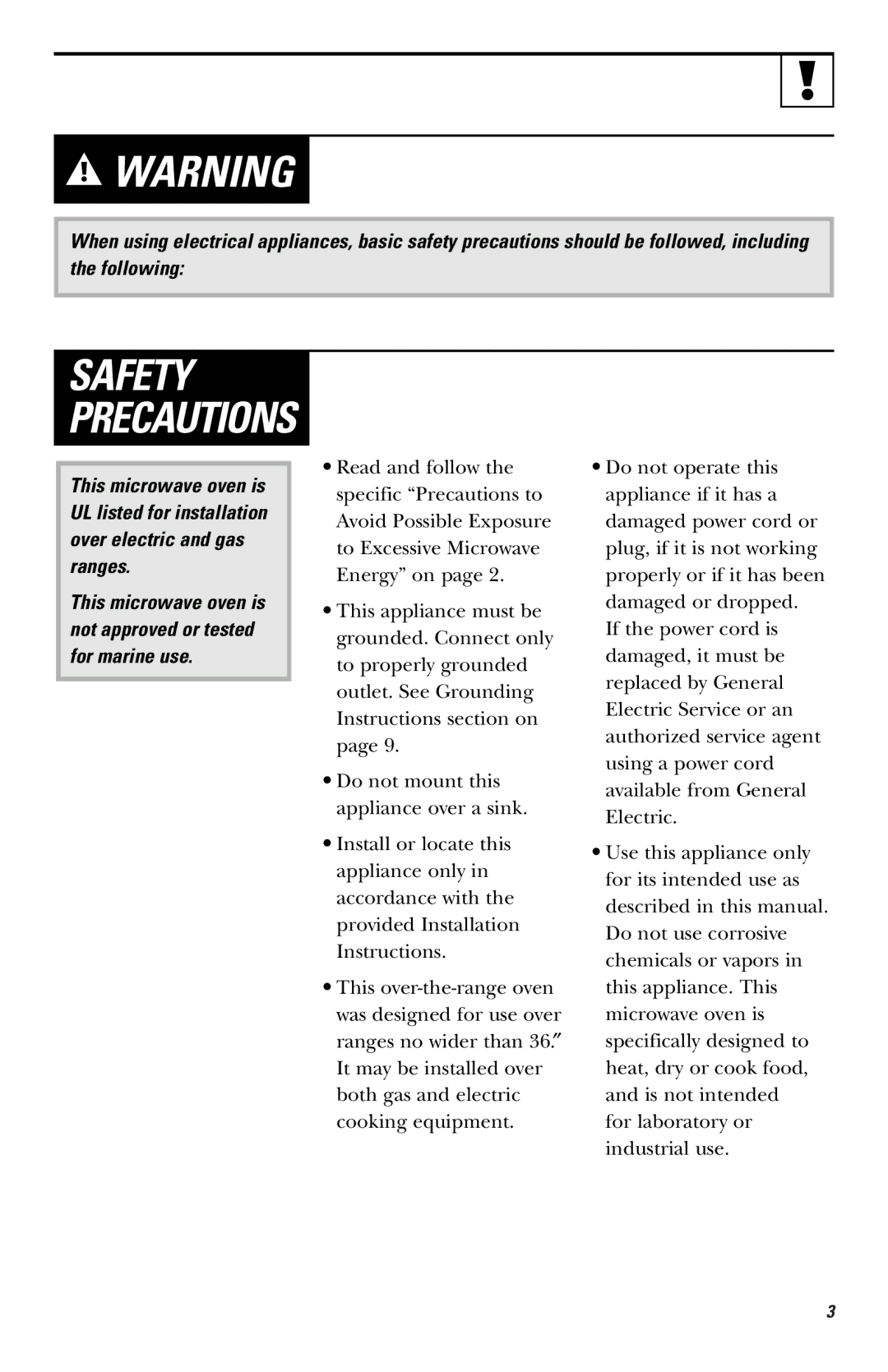 GE JNM1731, JVM1740, JVM1730 owner manual Safety Precautions 