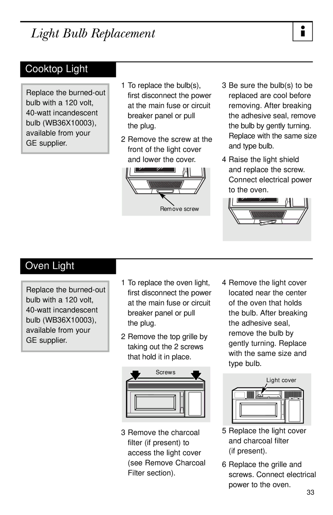 GE JNM1731, JVM1740, JVM1730 owner manual Light Bulb Replacement, Cooktop Light, Oven Light 