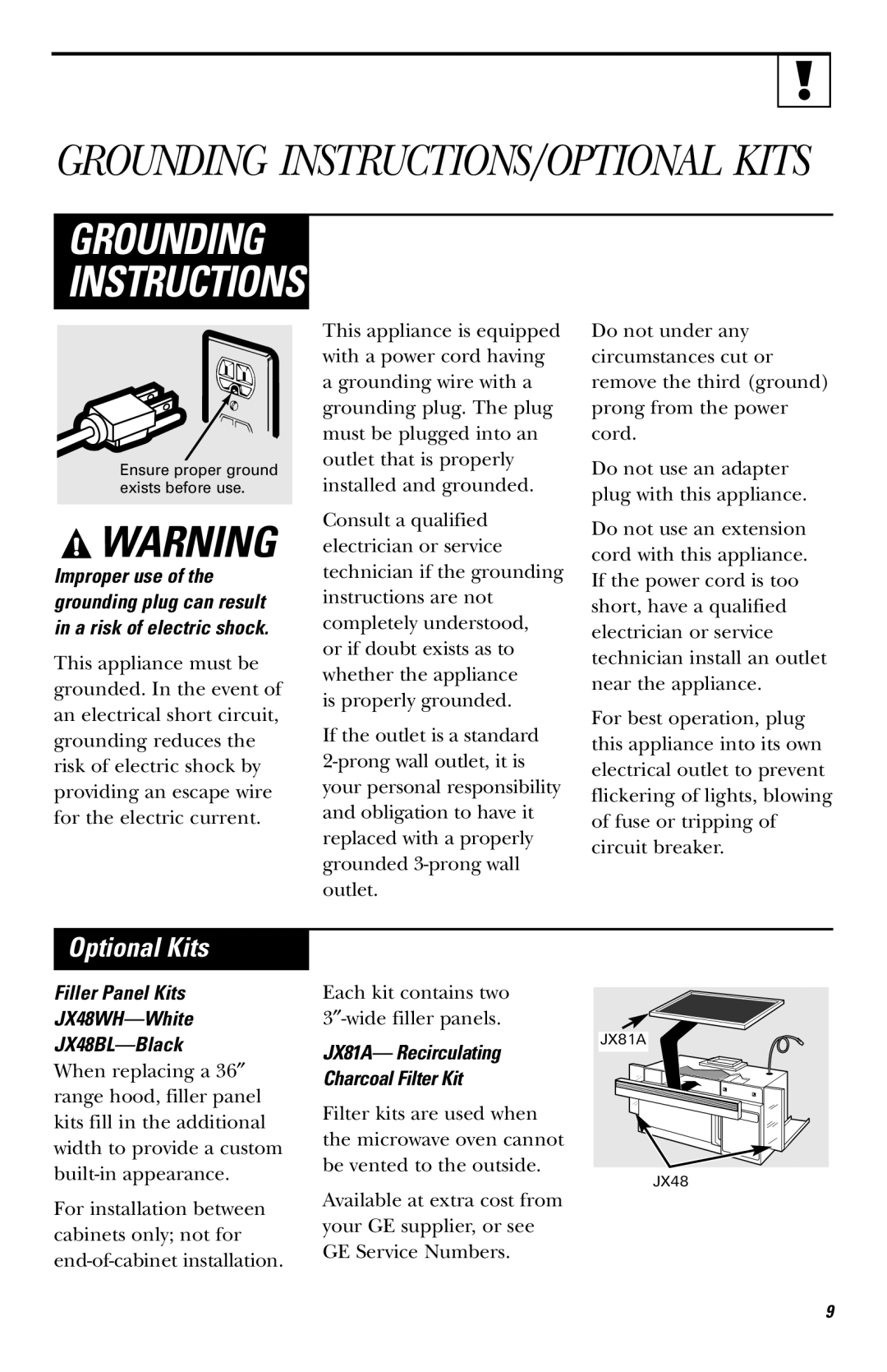 GE JNM1731, JVM1740 Optional Kits, Filler Panel Kits JX48WH-White JX48BL-Black, JX81A- Recirculating Charcoal Filter Kit 