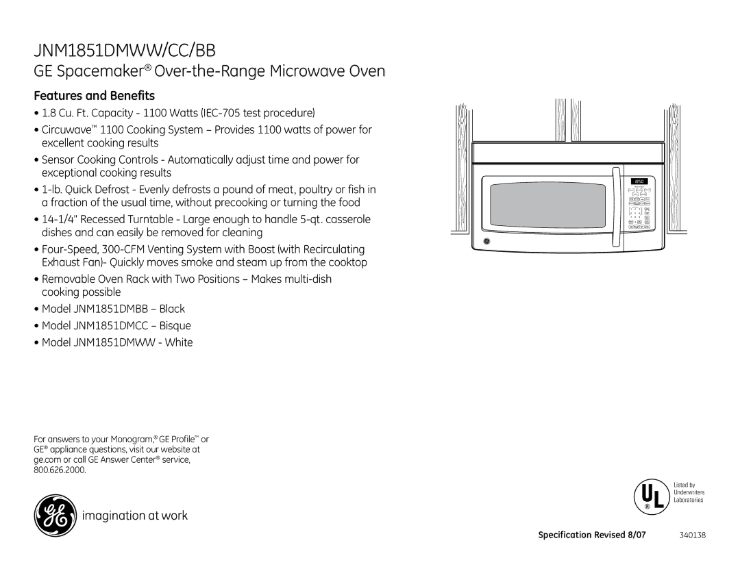 GE JNM1851DMCC, JNM1851DMWW, JNM1851DMBB installation instructions Features and Benefits 