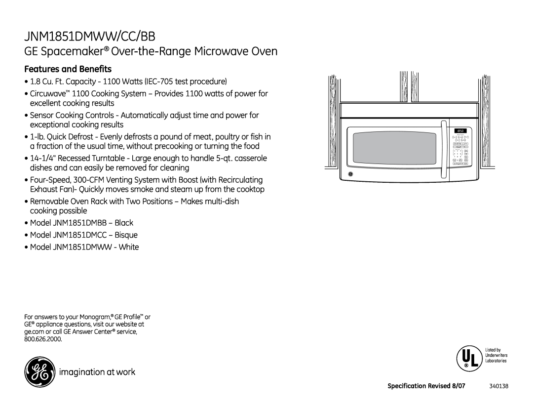 GE JNM1851DMCC, JNM1851DMBB JNM1851DMWW/CC/BB, GE Spacemaker Over-the-Range Microwave Oven, Features and Benefits 