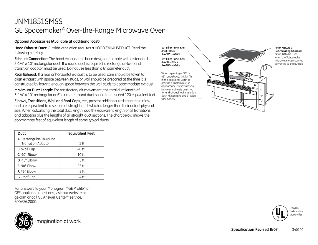 GE JNM1851SMSS dimensions Optional Accessories Available at additional cost, Duct Equivalent Feet 