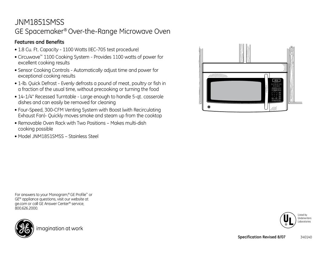 GE JNM1851SMSS dimensions Features and Benefits 