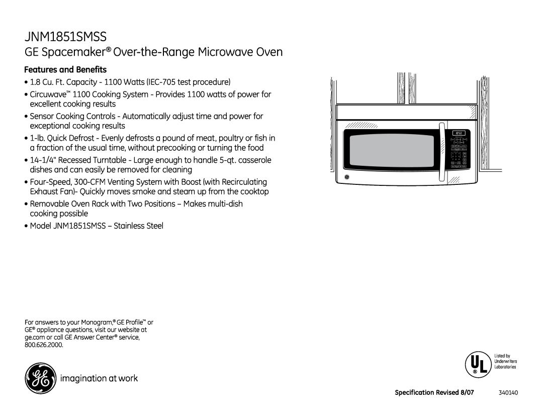 GE JNM1851SMSS dimensions GE Spacemaker Over-the-Range Microwave Oven, Features and Benefits 