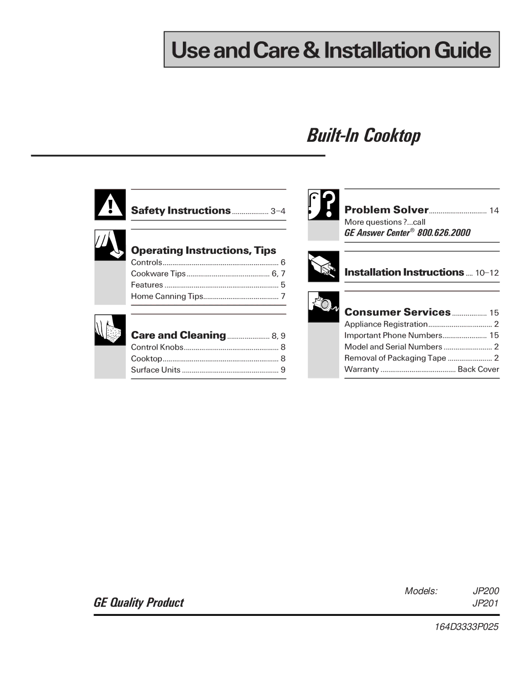 GE JP201, JP200 installation instructions UseandCare& Installation Guide 