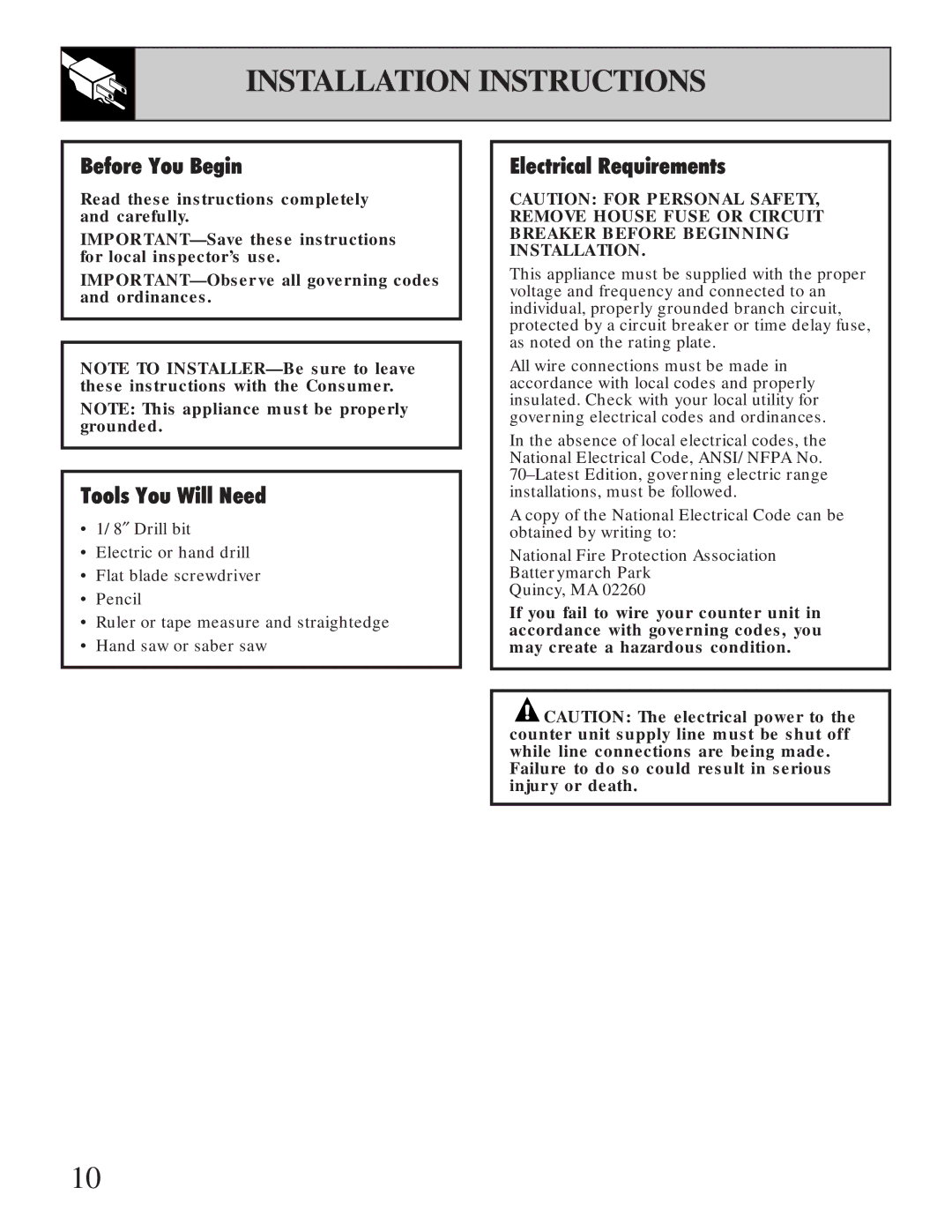 GE JP200, JP201 installation instructions Installation Instructions, Before You Begin 